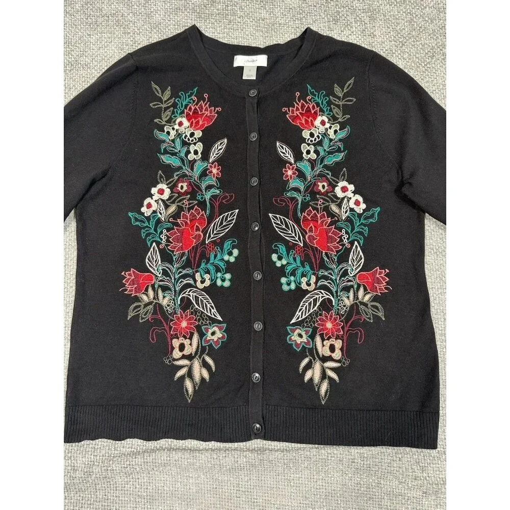 CJ Banks Sweater Womens X Black Cardigan Embroidered Floral 3/4 Sleeve‎